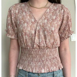 Paper and Crane S Pink Paisley Faux Wrap VNeck Smocked Puff Sleeve Blouse 2-6